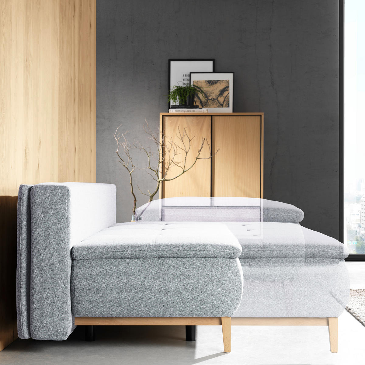 BOXSPRINGSOFA  mit Stoffauswahl, Schlafen auf Sitzhöhe Webstoff Hellgrau  - Eichefarben/Beige, Design, Holz/Textil (202/93/100cm) - Carryhome