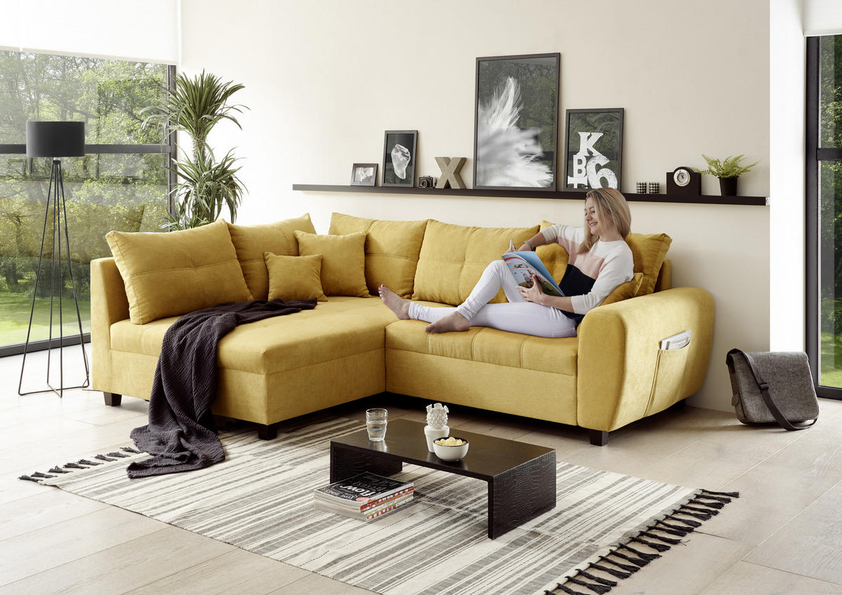 ECKSOFA in Mikrovelours Gelb  - Gelb/Schwarz, Basics, Holzwerkstoff/Kunststoff (176/248cm) - MID.YOU