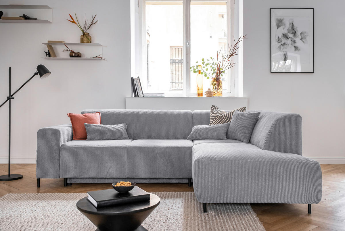 ECKSOFA Hellgrau Cord  - Hellgrau/Schwarz, Textil/Metall (250/192cm) - MID.YOU