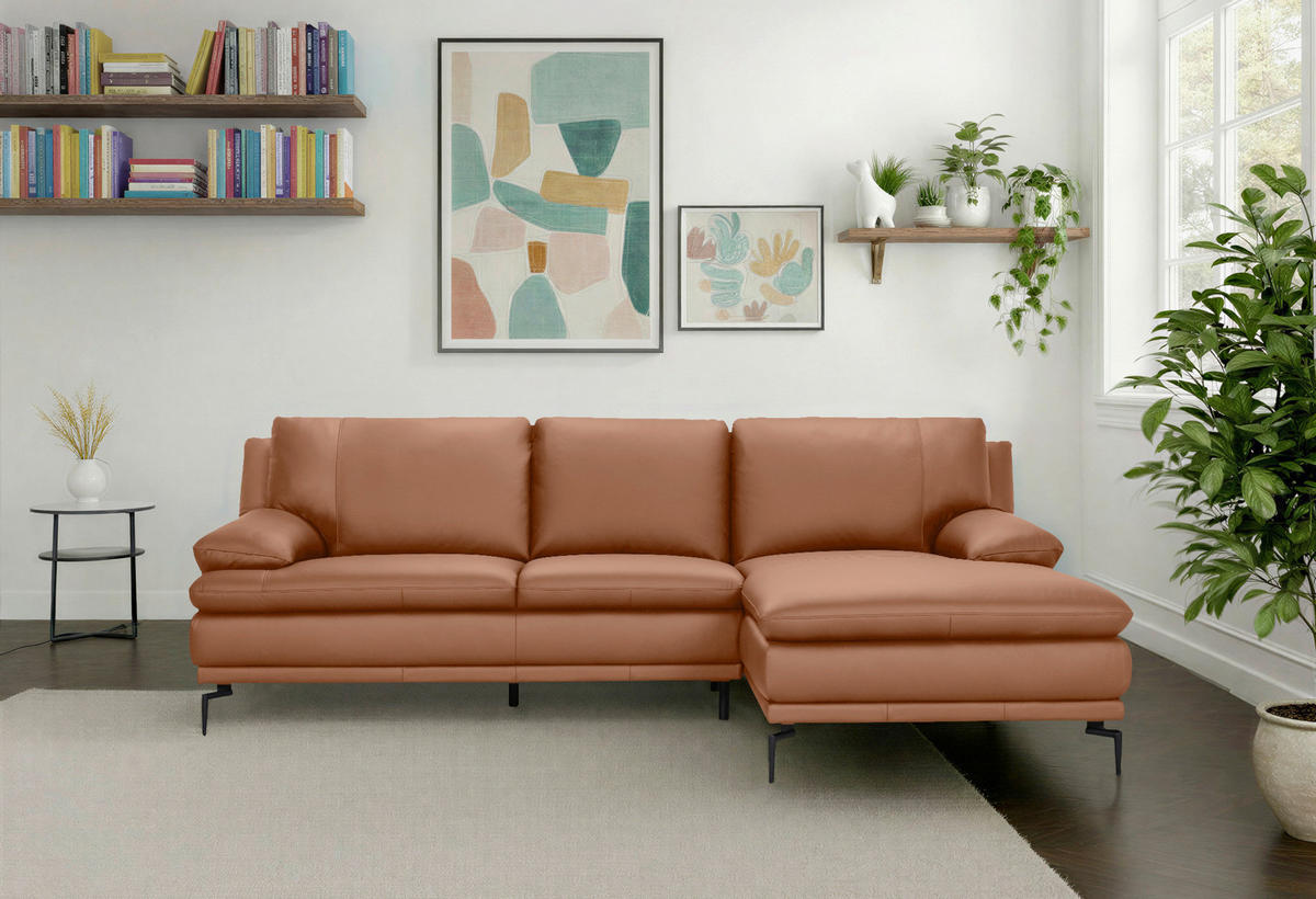 ECKSOFA Cognac Echtleder  - Cognac/Schwarz, Design, Leder (248/158cm) - MID.YOU