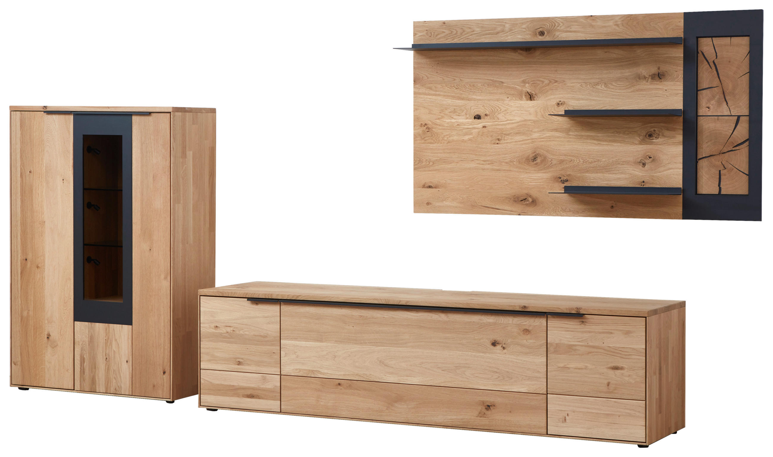 WOHNWAND  in Schwarz, Eichefarben  342,4/169,8/45,2 cm  - Eichefarben/Schwarz, Design, Glas/Holz (342,4/169,8/45,2cm) - Valdera