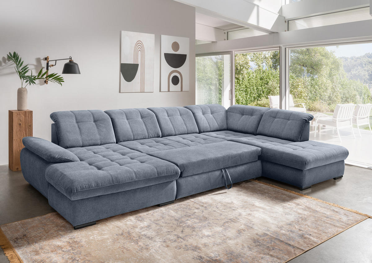 WOHNLANDSCHAFT in Chenille Hellblau  - Schwarz/Hellblau, Modern, Textil/Metall (184/387/252cm) - Livetastic