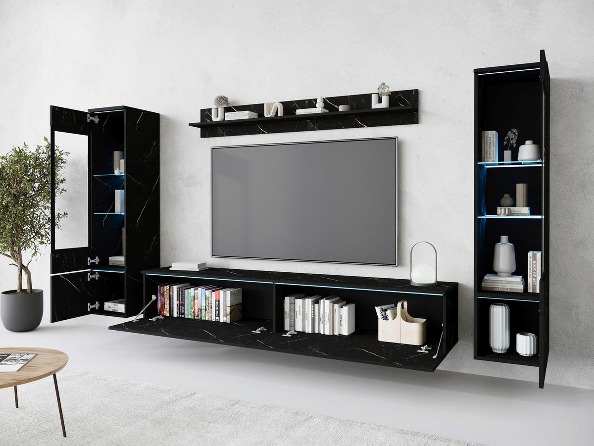 WOHNWAND Vera 4-teilig  in Schieferfarben  240/130/33 cm  - Schieferfarben/Grau, Design, Glas/Holzwerkstoff (240/130/33cm) - Livetastic