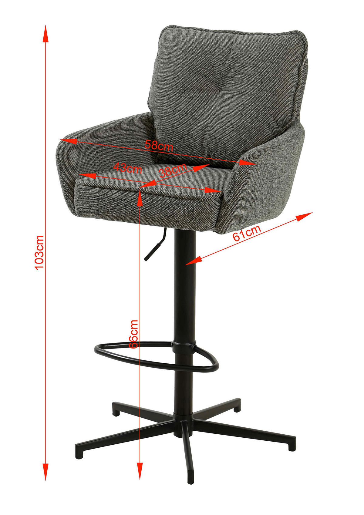 BARHOCKER Leinenoptik Grau, Schwarz Eisen Sitzfläche 360° drehbar, Stoffauswahl  - Taupe/Schwarz, Design, Textil/Metall (58/103-123/61cm) - Novel