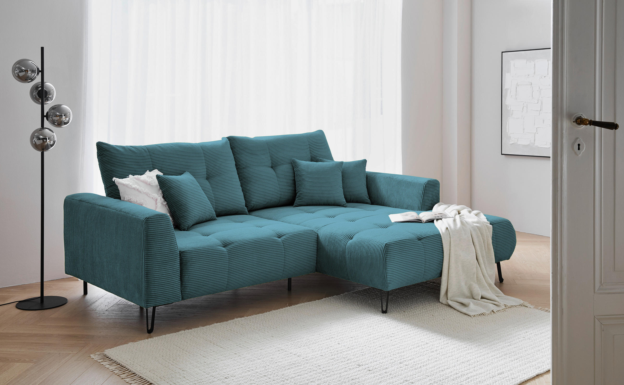 ECKSOFA in Cord Petrol  250/185 cm  - Petrol/Schwarz, KONVENTIONELL, Textil/Metall (250/185cm) - Carryhome