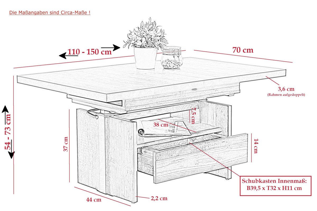 COUCHTISCH 70/110-150/54-73 cm rechteckig Anthrazit, Eichefarben  - Eichefarben/Anthrazit, Design, Holzwerkstoff (70/110-150/54-73cm) - Livetastic