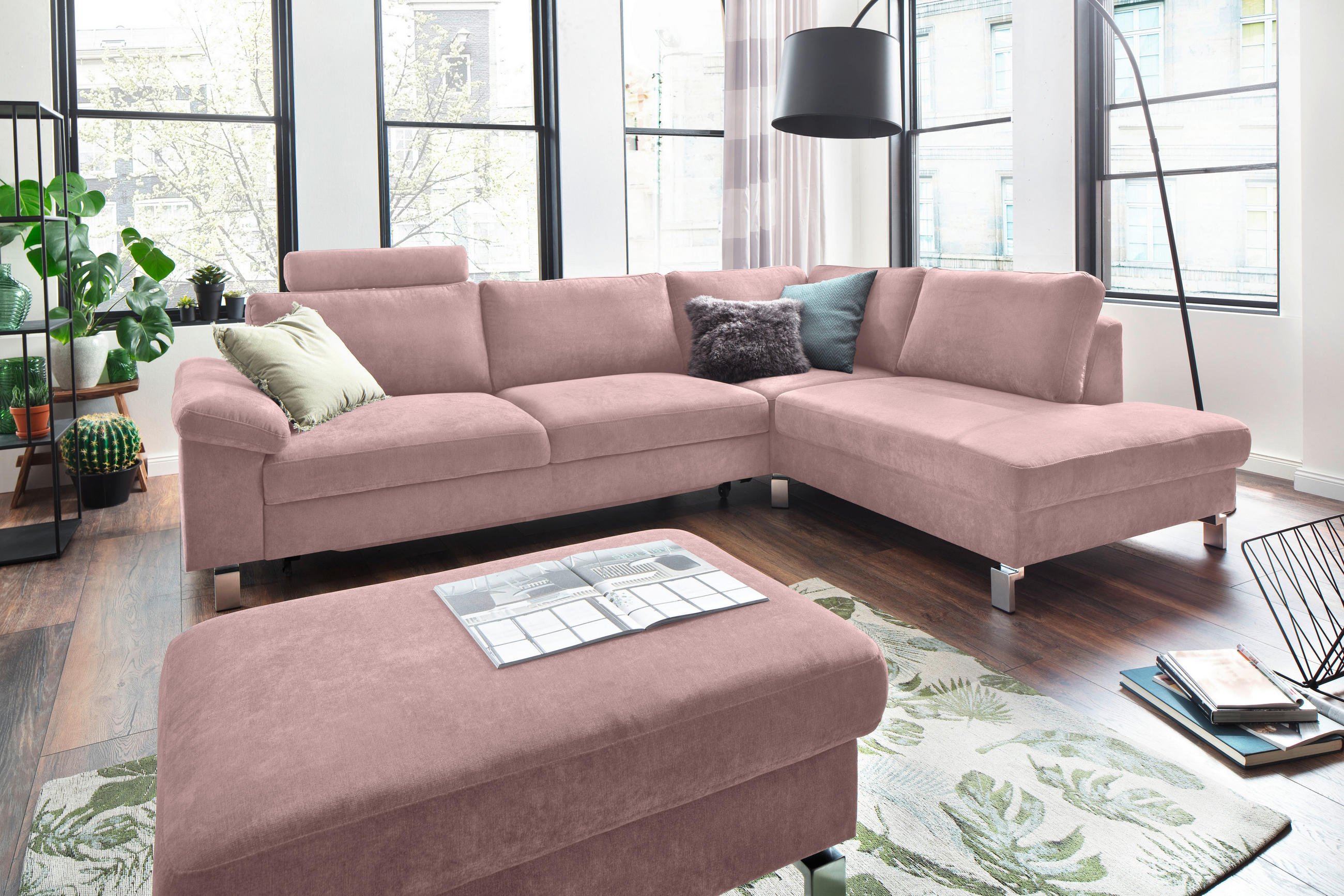 ECKSOFA Rosa Velours  - Chromfarben/Rosa, Design, Textil/Metall (281/200cm) - Hom`in
