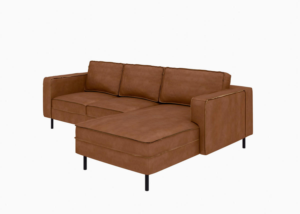 ECKSOFA Lederlook, Mikrofaser Echtleder Cognac  - Cognac/Schwarz, Modern, Leder/Textil (232/161cm) - Trendmanufaktur