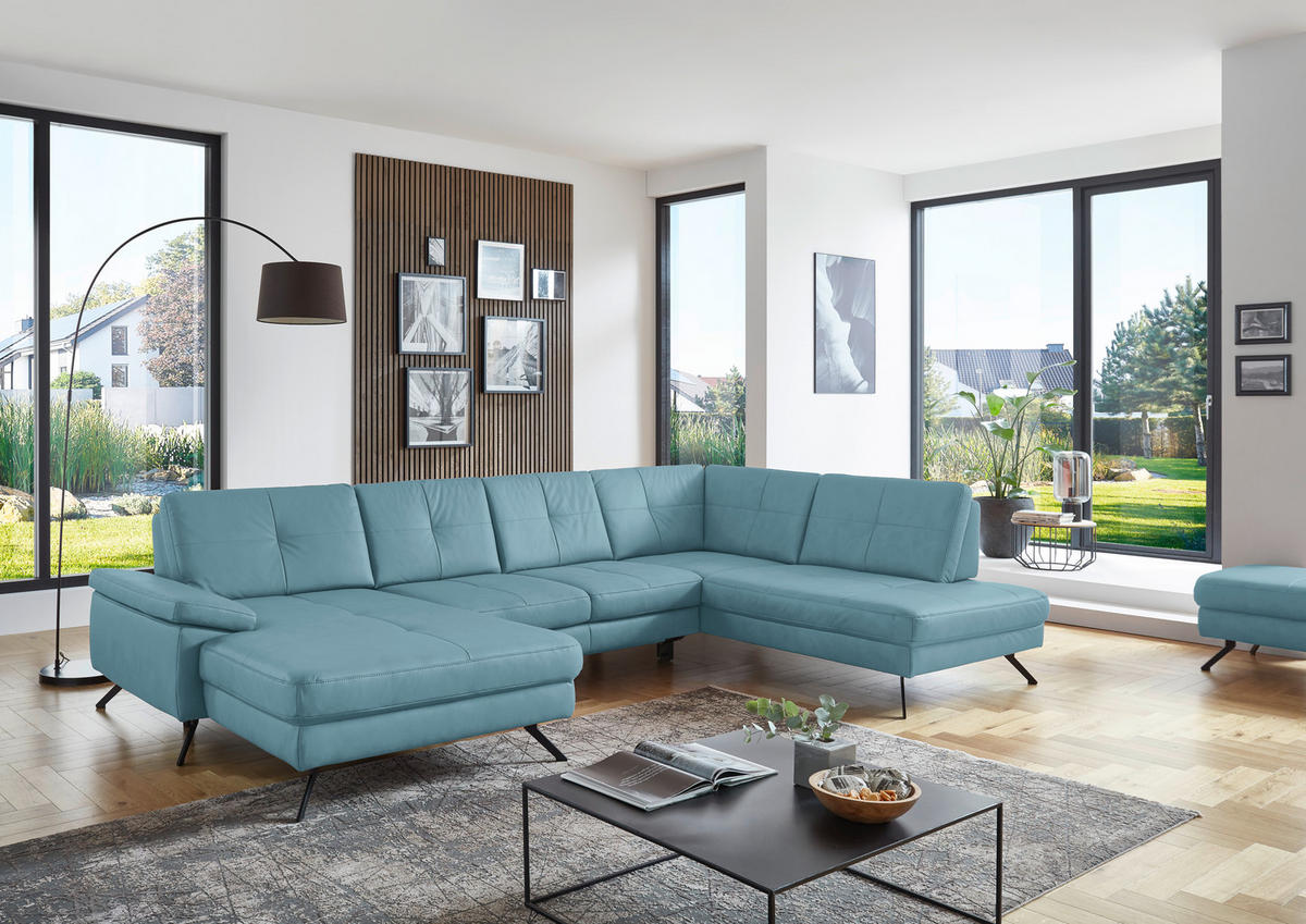 WOHNLANDSCHAFT in Lederlook, Mikrofaser Blau  - Blau/Schwarz, Design, Textil/Metall (345/220cm) - Beldomo System