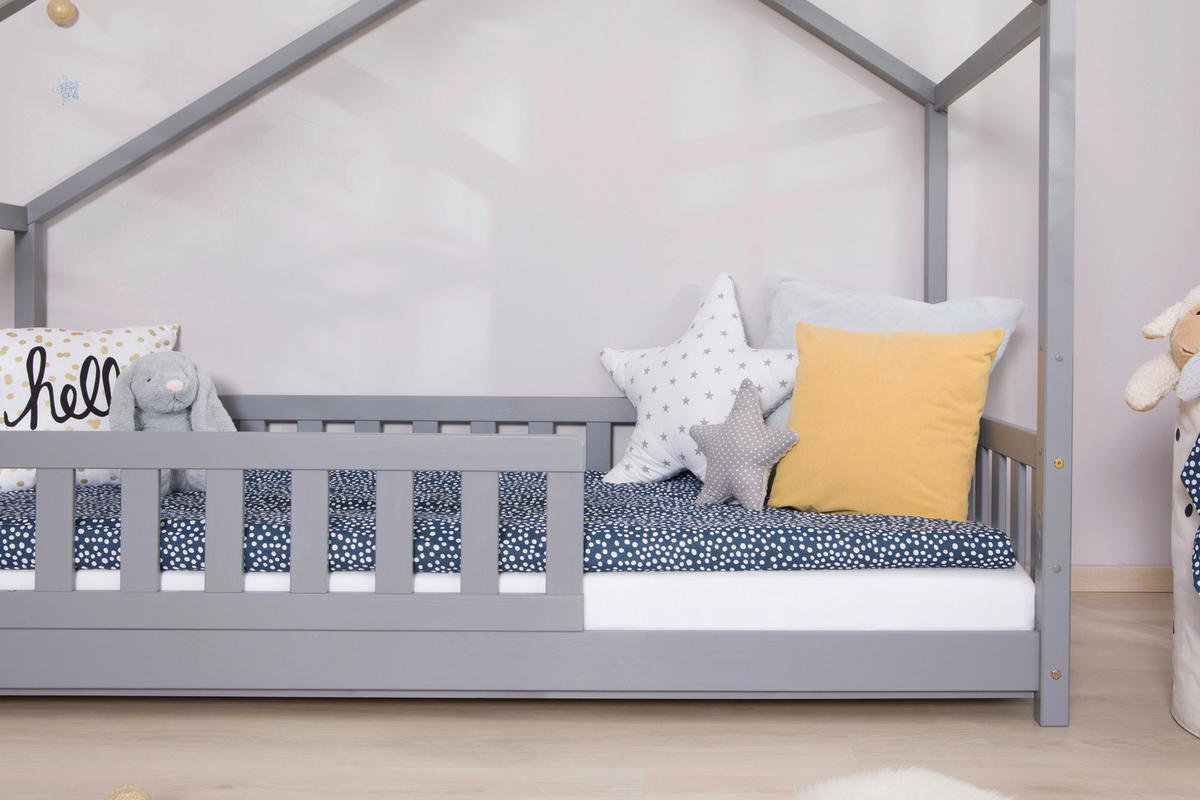 HAUSBETT  in Hellgrau, Absturzsicherung, Matratze, Rollrost, Bettkasten  - Hellgrau/Weiß, MODERN, Holz/Textil (90/200cm) - MID.YOU