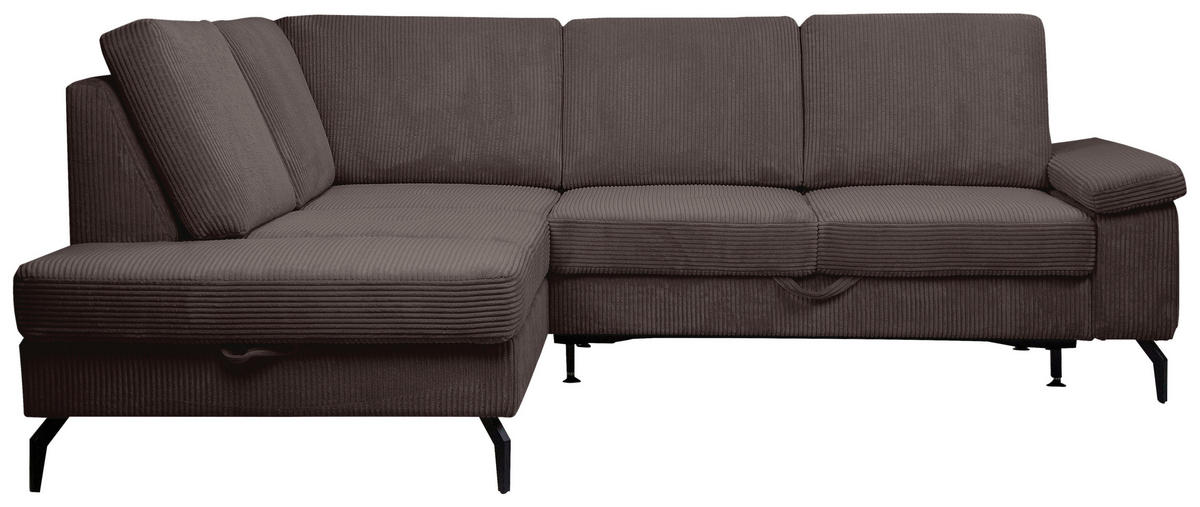 ECKSOFA Dunkelbraun Velours Bettkasten, Sitzvorzug  - Dunkelbraun/Schwarz, KONVENTIONELL, Textil/Metall (206/253cm) - Venda