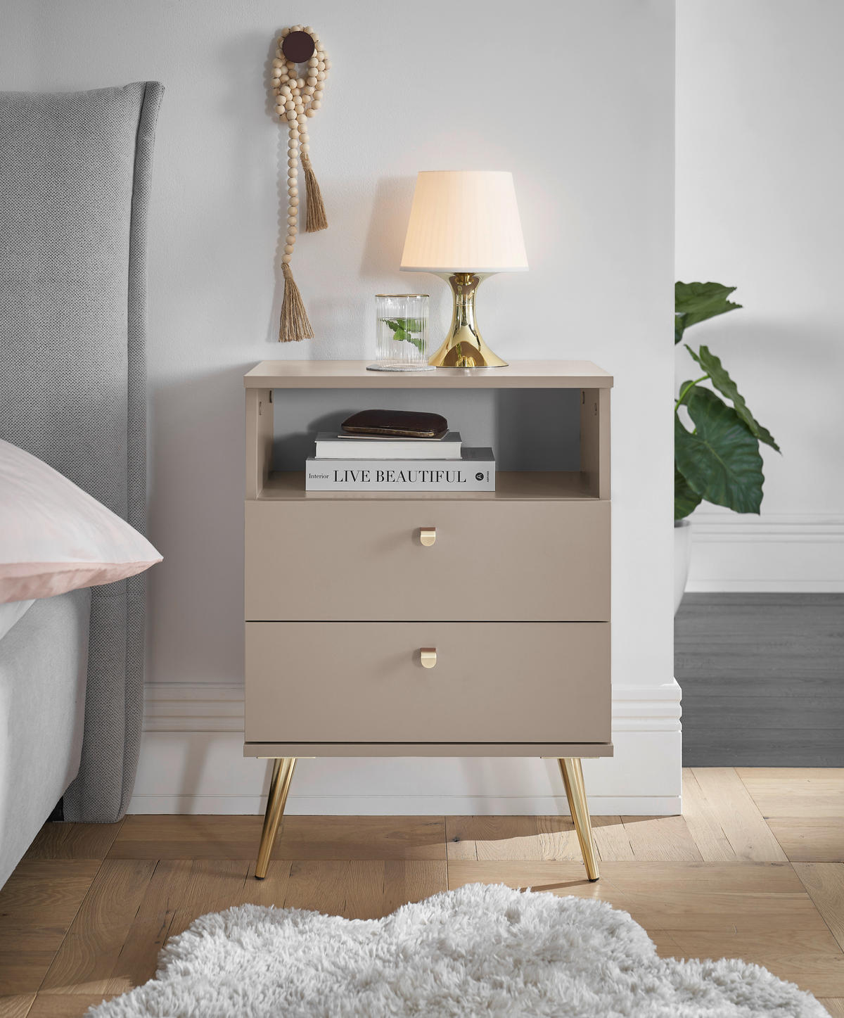 NACHTSCHRANK 50/70/34 cm  - Beige/Messingfarben, KONVENTIONELL, Holzwerkstoff/Metall (50/70/34cm) - Carryhome