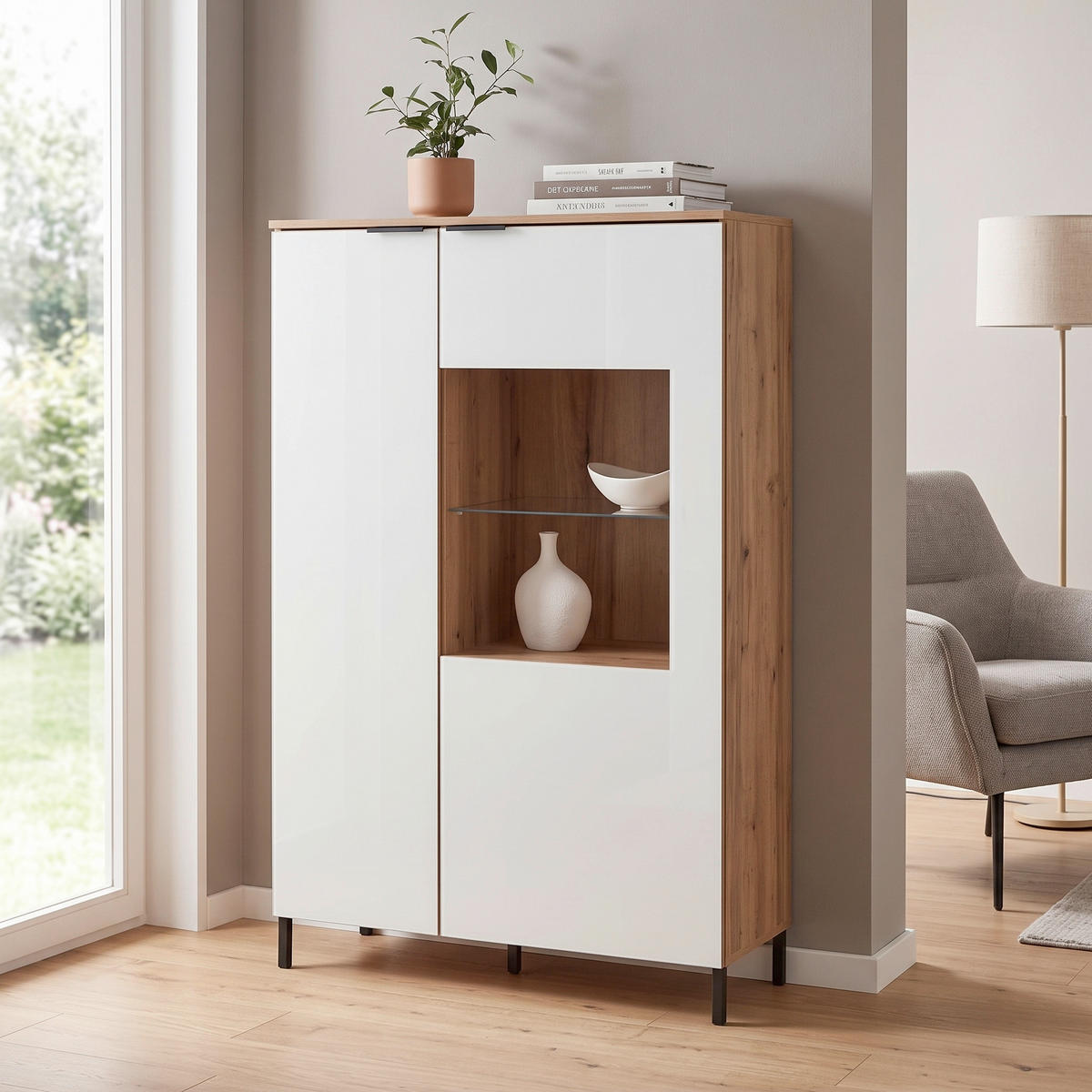 Highboard Austin 90 cm, bela, barve hrasta  - črna/barve hrasta, Trend, kovina/steklo (90/140/40cm)