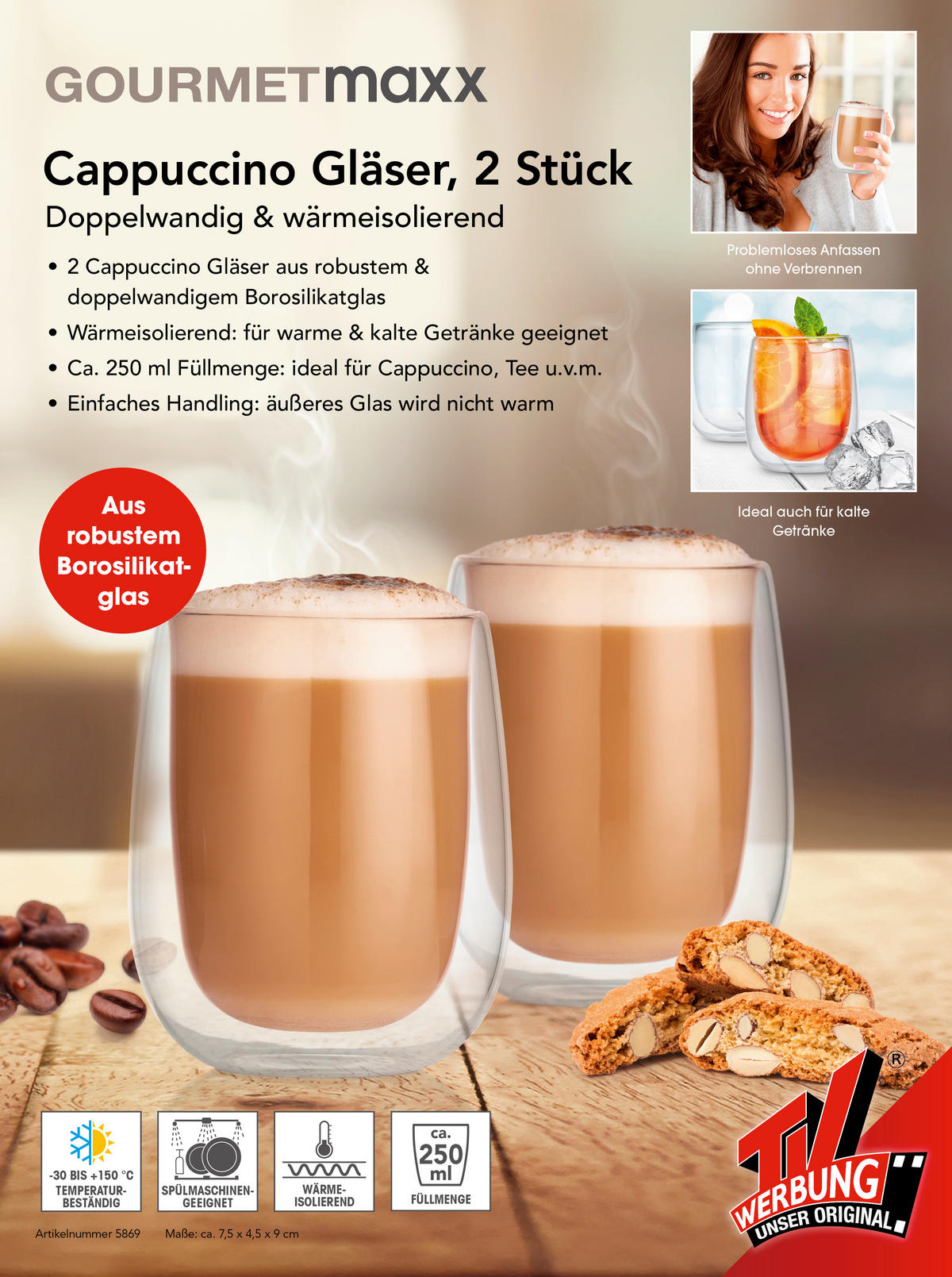Cappuccinothermogläser 2er set  2-teilig  - Transparent, Basics, Glas (7,5/4,5/9cm) - GOURMETMAXX