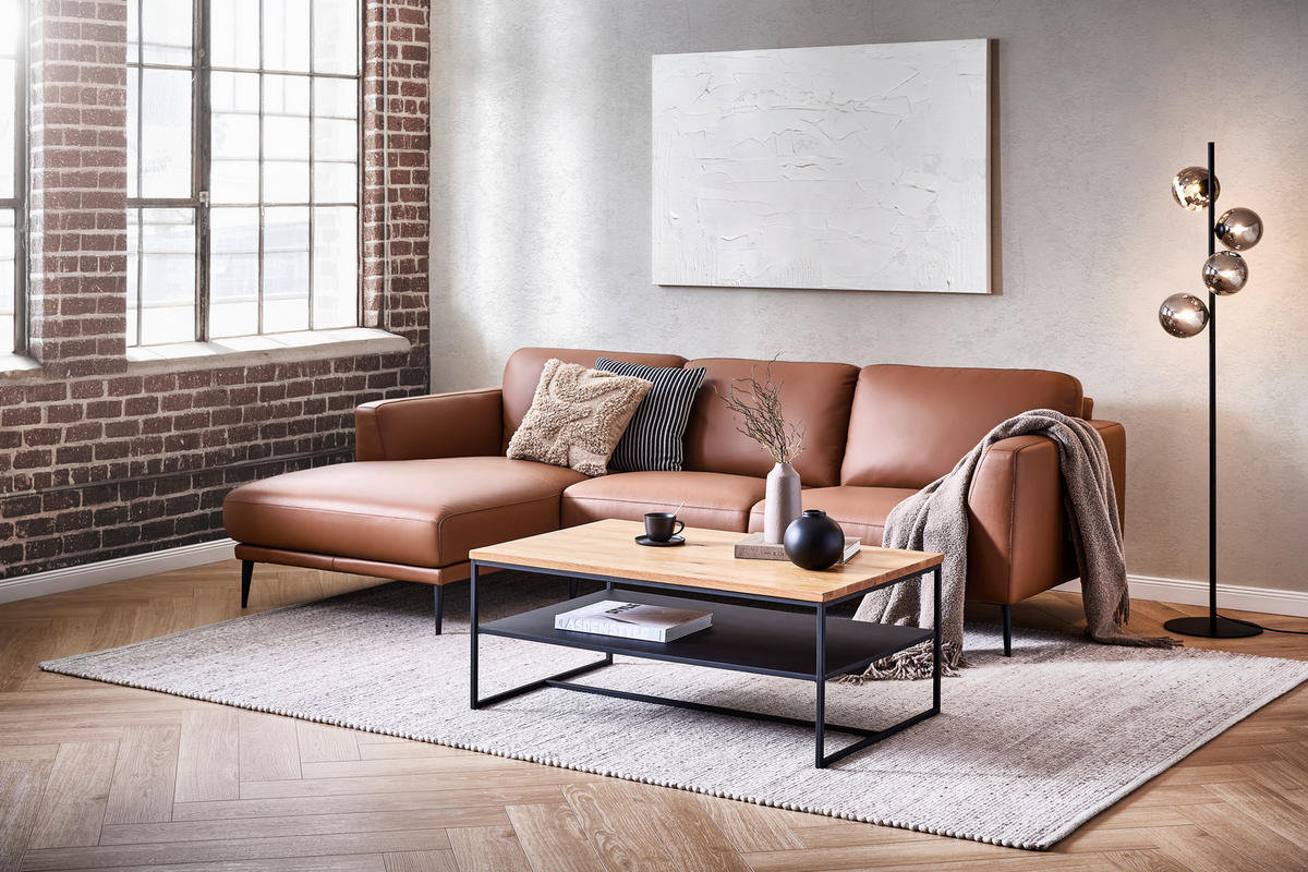 ECKSOFA Cognac Echtleder  - Cognac/Schwarz, MODERN, Leder/Metall (160/253cm) - Novel