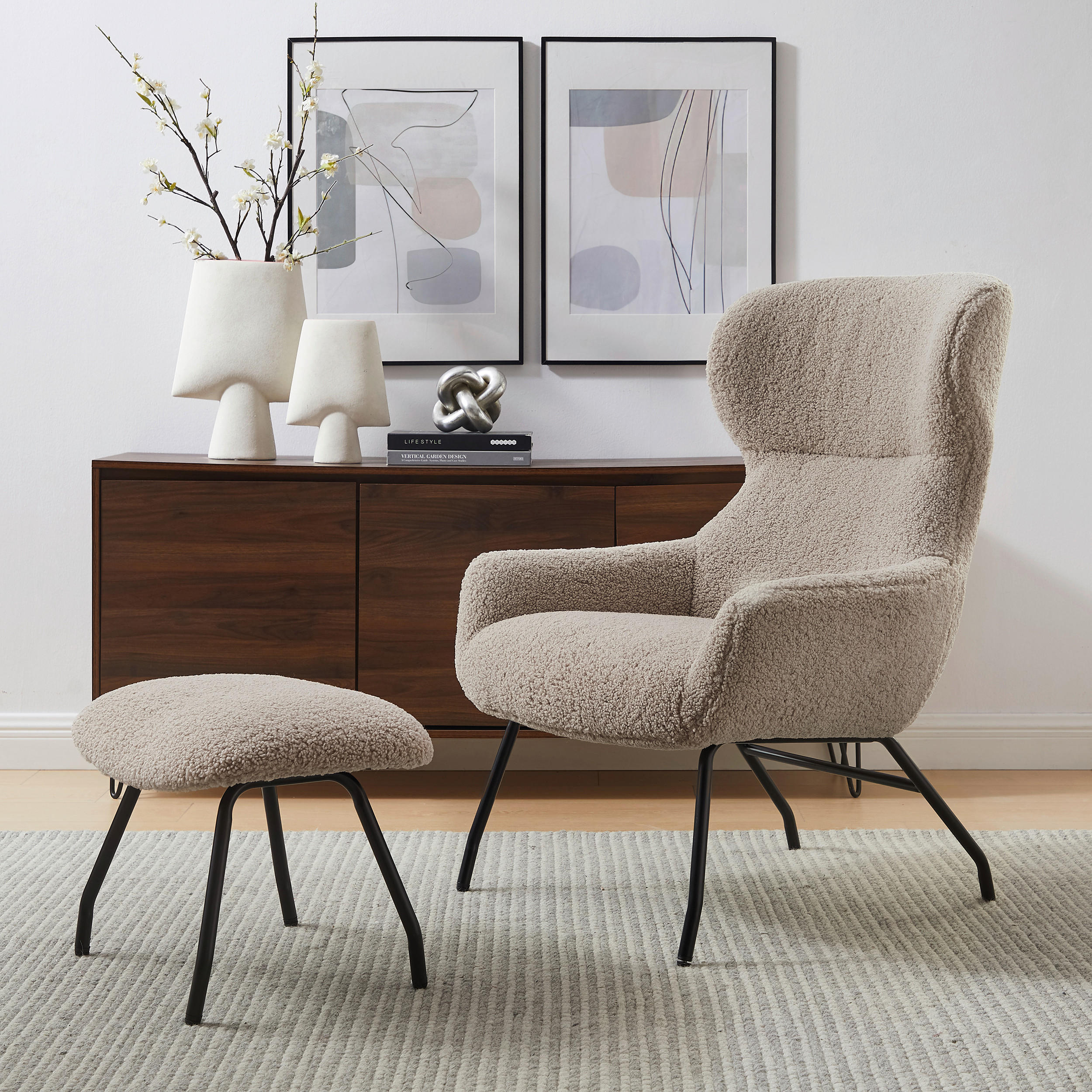 SESSELSET Teddystoff Hocker    - Taupe/Schwarz, MODERN, Textil/Metall (79/103/82cm) - Livetastic