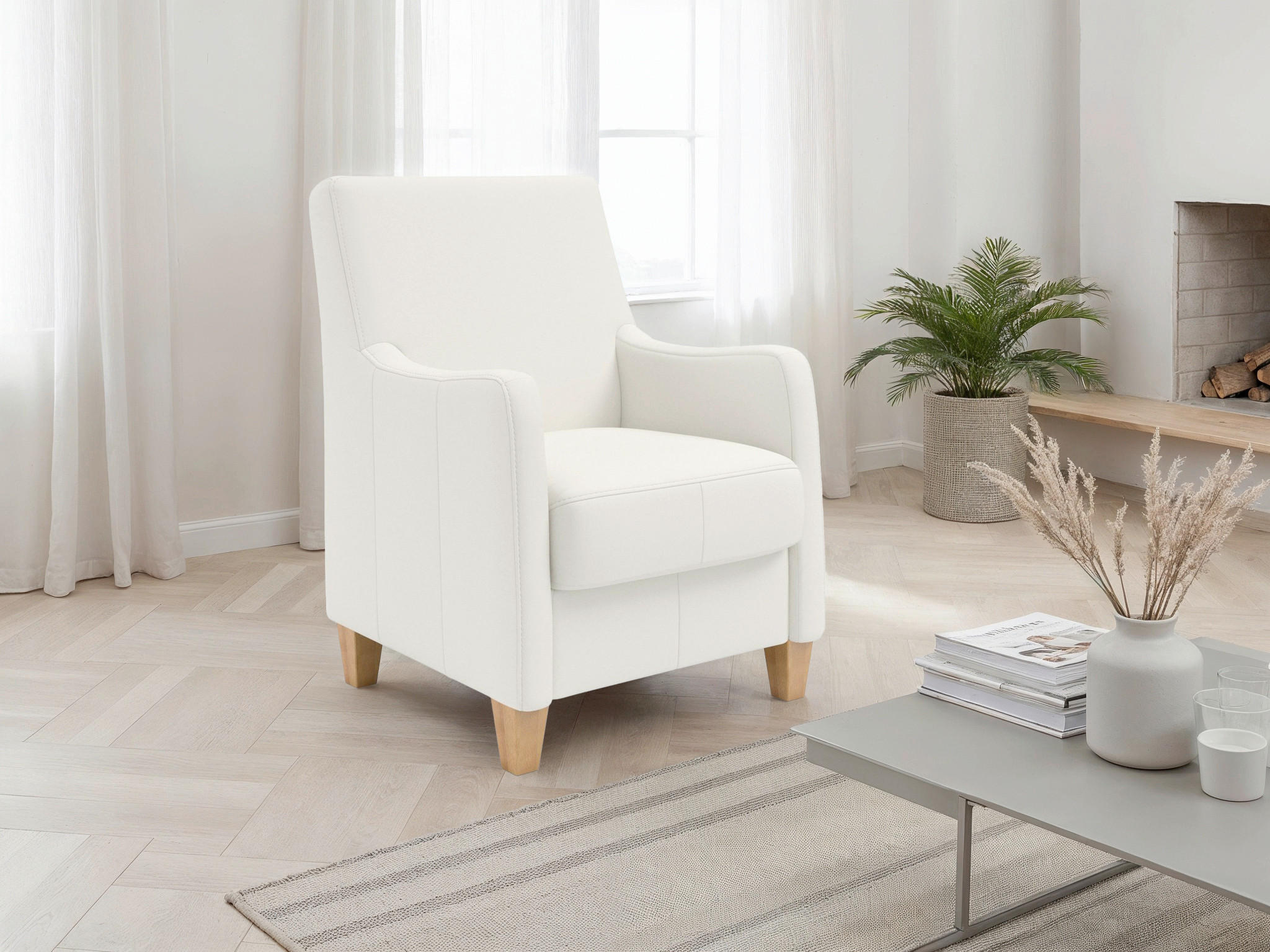 KRESLO, koža, biela - biela/farba duba, Basics, koža/drevo (70/93/75cm) - Sit & More