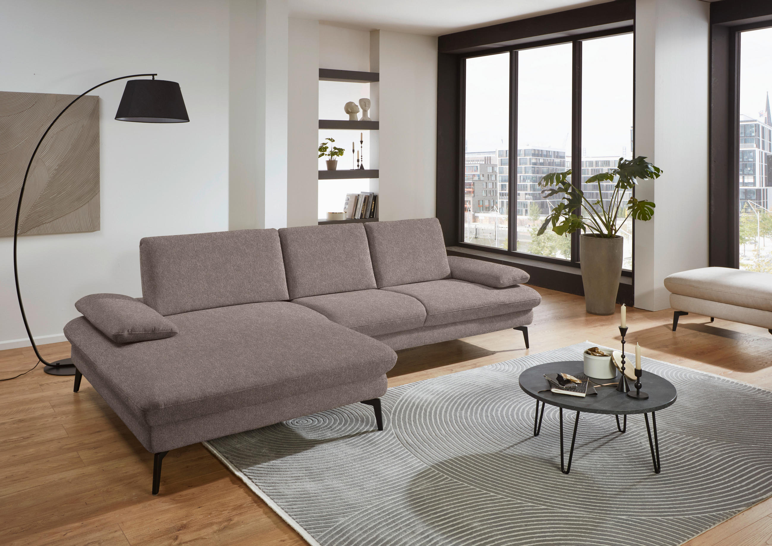 ECKSOFA in Chenille, Mikrofaser Haselnussfarben  - Schwarz/Haselnussfarben, Design, Textil/Metall (157/299cm) - Dieter Knoll