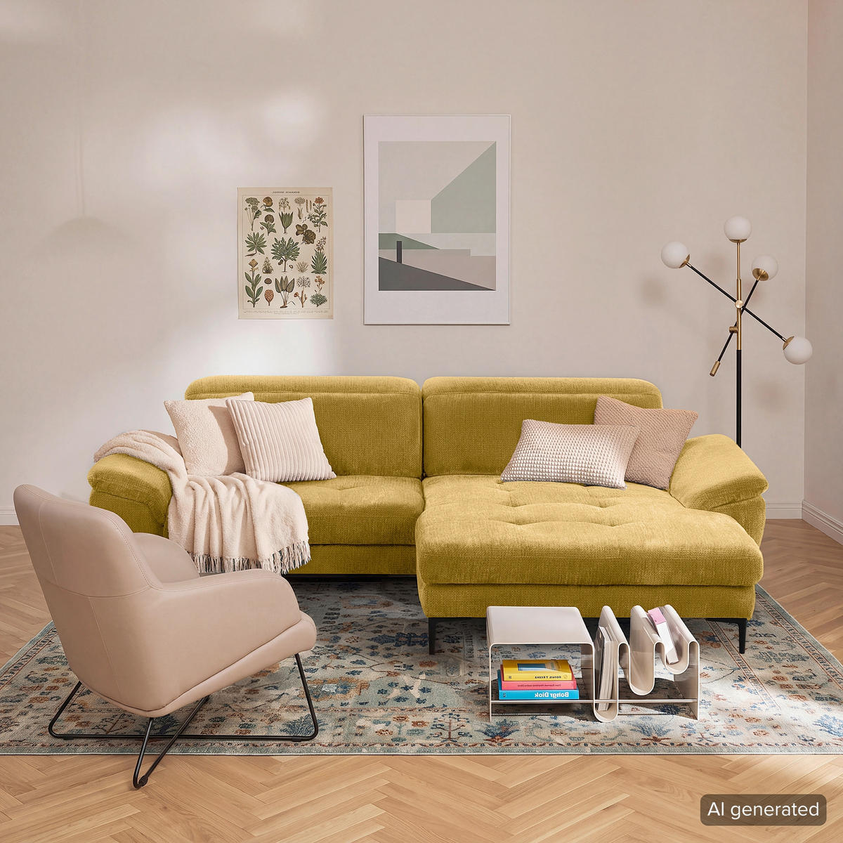 ECKSOFA  Webstoff Senfgelb  - Senfgelb/Schwarz, Design, Textil/Metall (268/195cm) - Livetastic