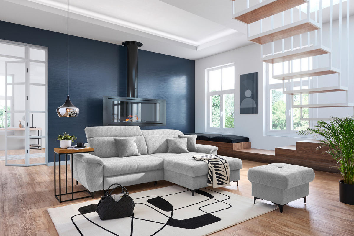 ECKSOFA in Chenille Hellgrau  - Hellgrau/Schwarz, Design, Textil/Metall (185/256cm) - Stylife
