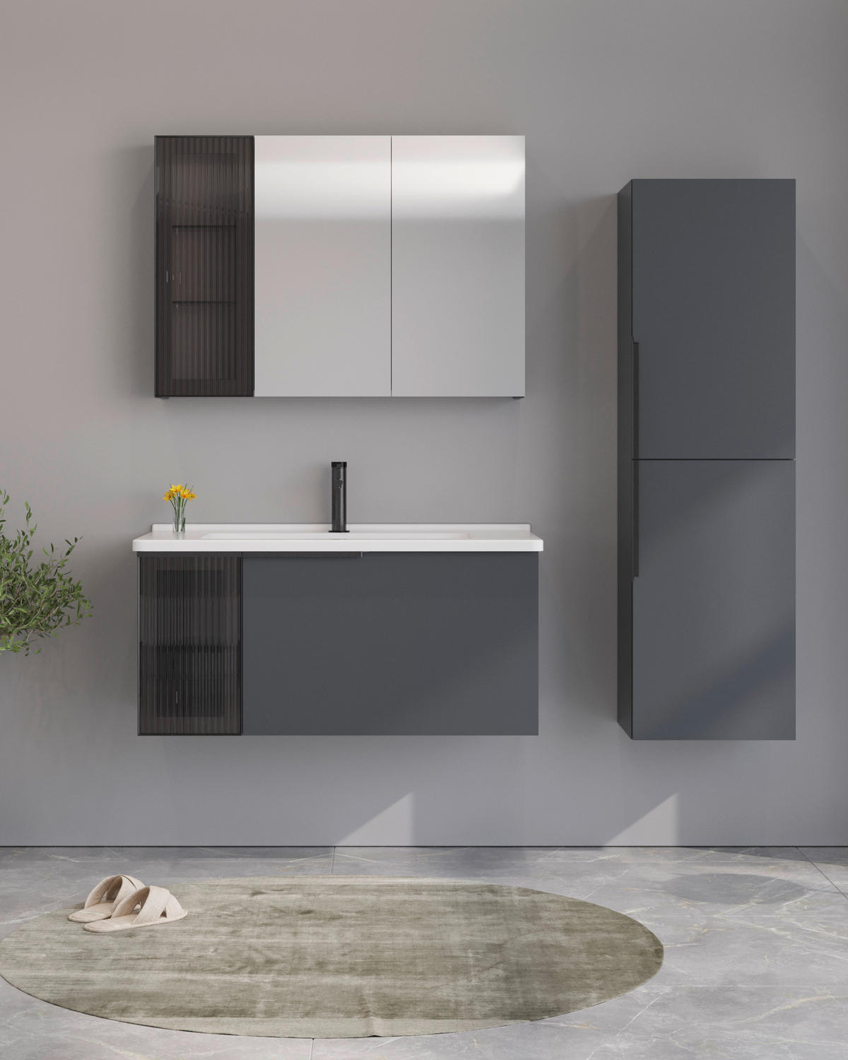 BADEZIMMER 3-teilig  in  - Weiß Hochglanz/Anthrazit, MODERN, Glas/Keramik (100/114/45cm) - MID.YOU