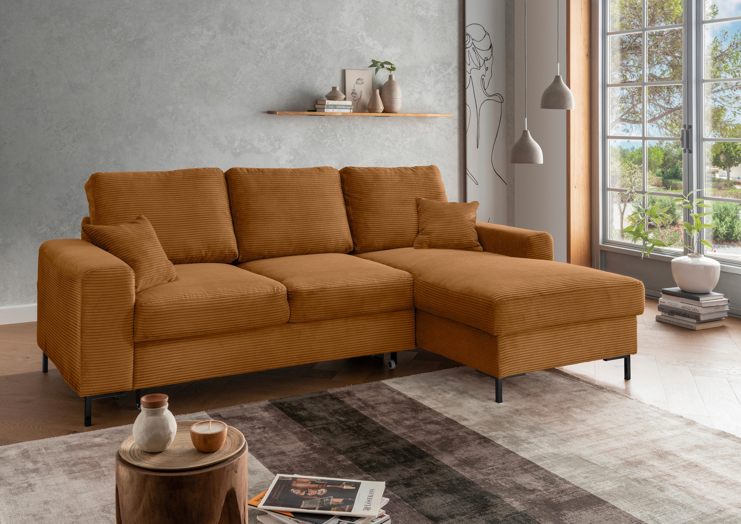 ECKSCHLAFSOFA in Cord Goldfarben  - Goldfarben/Schwarz, KONVENTIONELL, Textil/Metall (237/143cm) - Livetastic