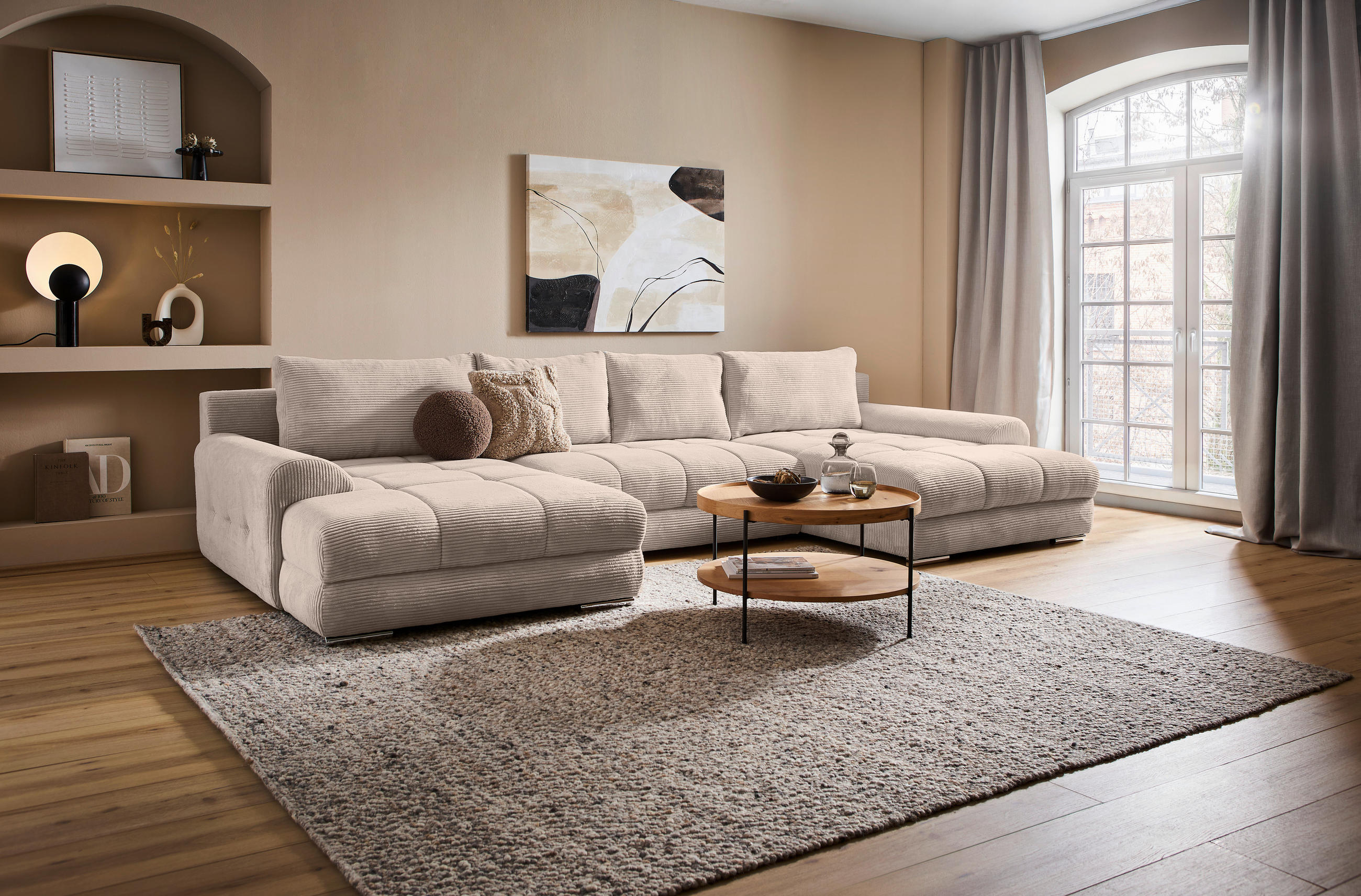 WOHNLANDSCHAFT Taupe Cord  - Taupe/Chromfarben, KONVENTIONELL, Kunststoff/Textil (180/376/180cm) - Carryhome