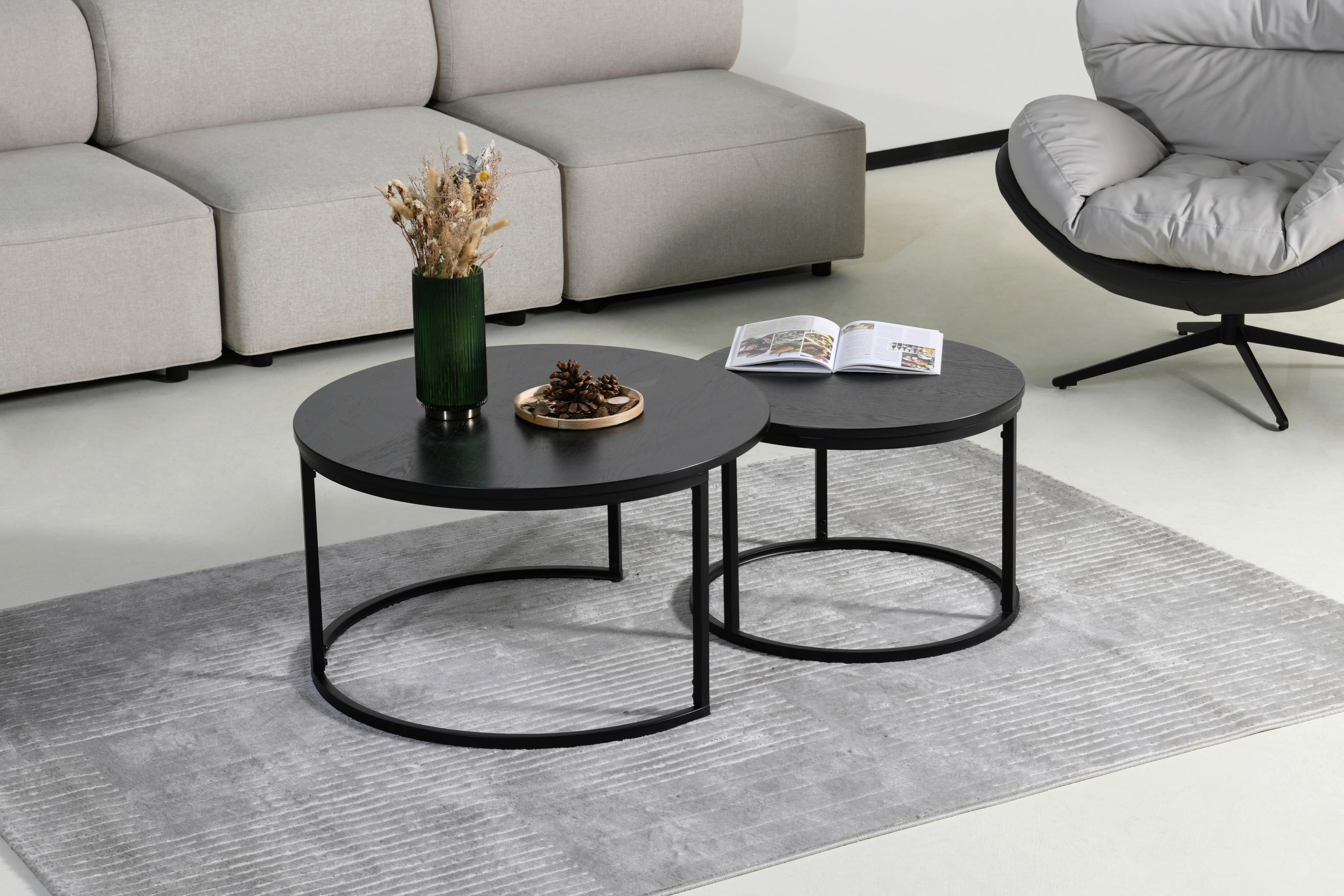 COUCHTISCHSET rund Schwarz  - Schwarz, Design, Holzwerkstoff/Metall (80/60/45/42/80/60cm) - MID.YOU