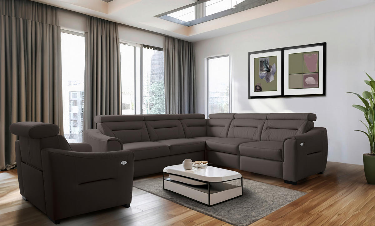 ECKSOFA Dunkelbraun Echtleder Lederlook Schlaffunktion, Rücken echt, Relaxfunktion, Kopfteilverstellung  - Wengefarben/Dunkelbraun, Design, Leder/Holz (260/260cm) - Celina Home
