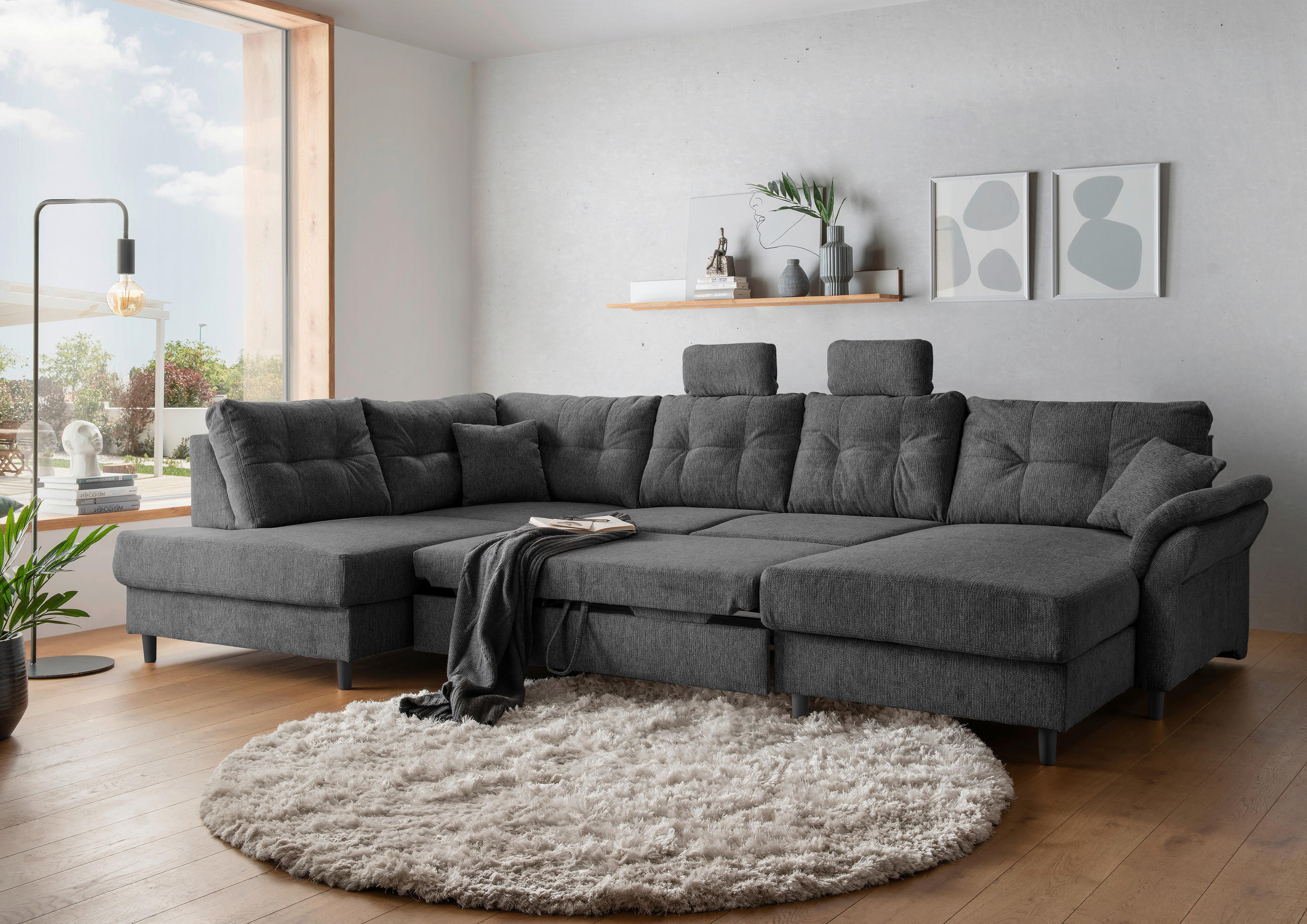 WOHNLANDSCHAFT in Chenille Anthrazit - Anthrazit/Schwarz, Modern, Holz/Textil (206/338/176cm) - Livetastic