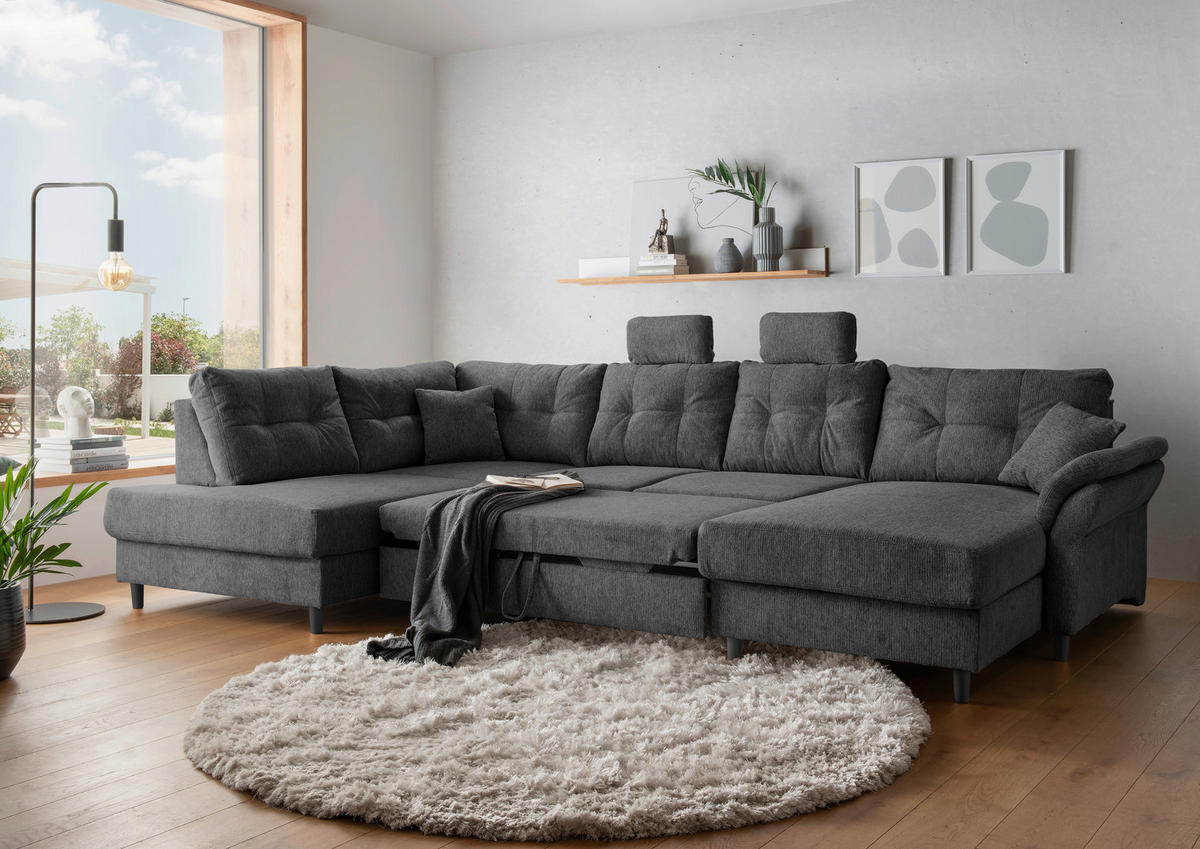 WOHNLANDSCHAFT in Chenille Anthrazit  - Anthrazit/Schwarz, Modern, Holz/Textil (206/338/176cm) - Livetastic