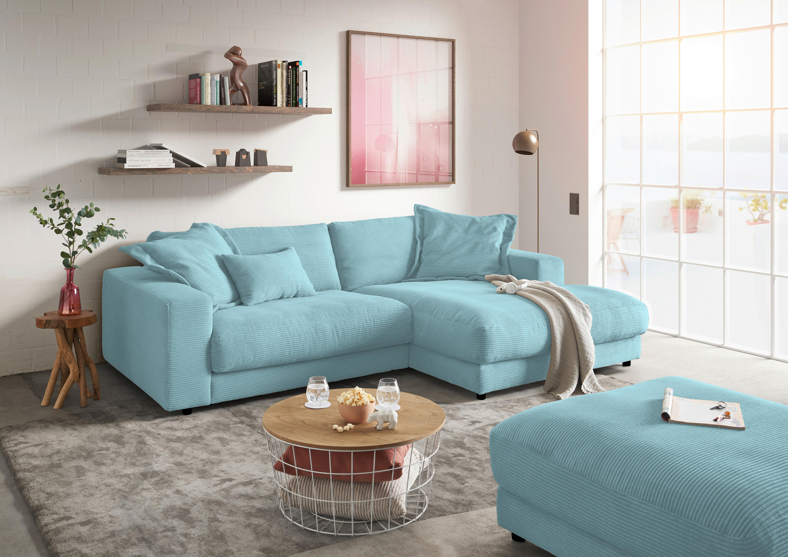ECKSOFA in Cord Hellblau  - Schwarz/Hellblau, Design, Kunststoff/Textil (270/190cm) - Lomoco