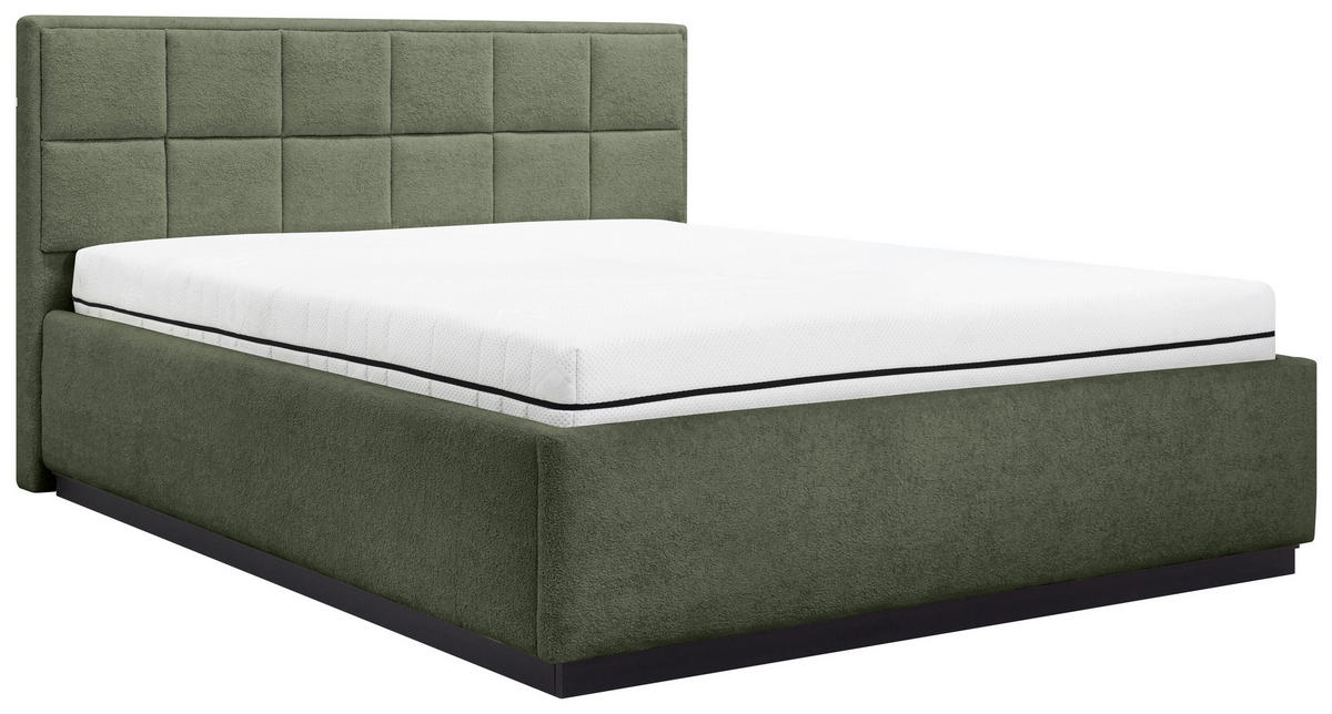 POLSTERBETT 140/200 cm,  in Grün, gepolstertes Kopfteil, Beleuchtung, Lattenrost, Bettkasten,  - Birkefarben/Schwarz, Design, Holz/Holzwerkstoff (140/200cm) - Chameo