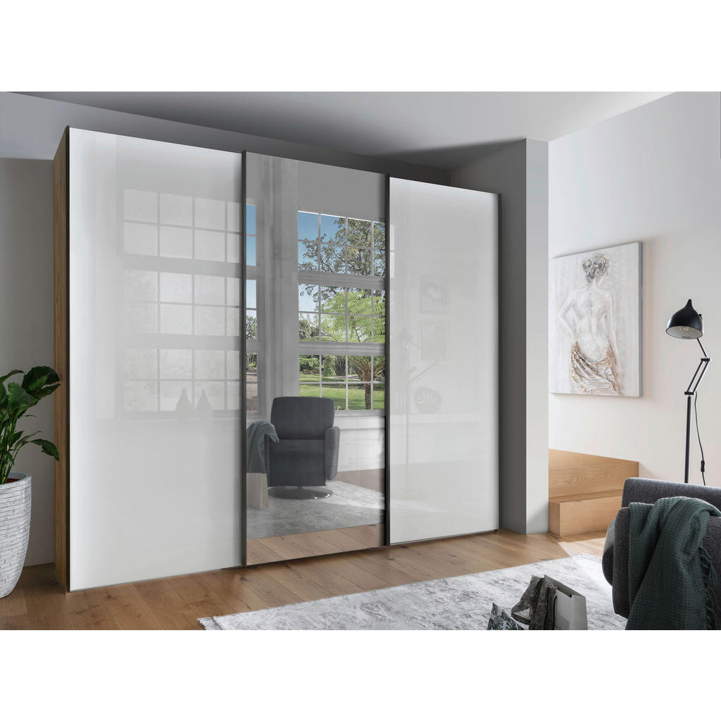 Thumbnail - Dieter Knoll Schwebetürenschrank, Weiß, Eiche Bianco, Metall, 6 Fächer, 300x217x67 cm, ISO 9001, Goldenes M, Made in Ger...
