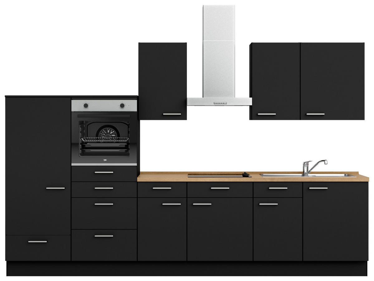 KÜCHENLEERBLOCK 330 cm   in Schwarz, Eichefarben  - Edelstahlfarben/Eichefarben, MODERN, Holzwerkstoff/Metall (330cm) - Nobilia