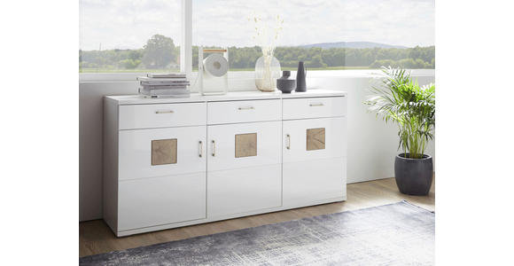 SIDEBOARD Weiß, Eichefarben, Weiß Hochglanz  180/91/43,8 cm  - Weiß Hochglanz/Eichefarben, Design, Holzwerkstoff/Kunststoff (180/91/43,8cm) - Xora