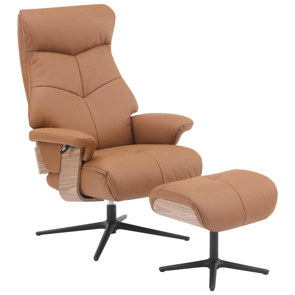 P & B RELAXAČNÉ KRESLO S PODNOŽKOU, drevo, textil, koža, hnedá