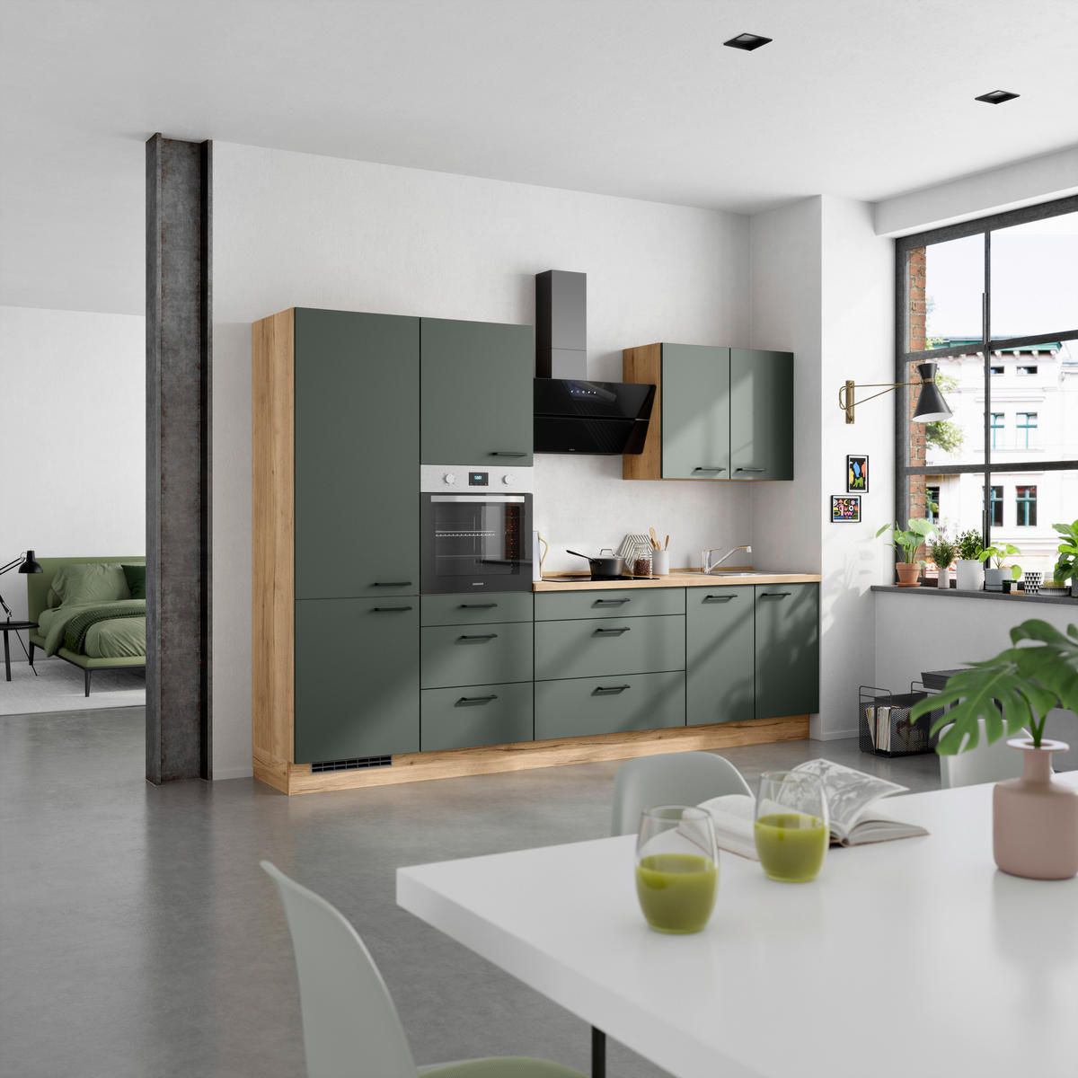 KÜCHENBLOCK Easytouch 300 cm  in Eichefarben, Dunkelgrün  - Dunkelgrün/Eichefarben, MODERN, Holzwerkstoff/Metall (300cm) - Nobilia