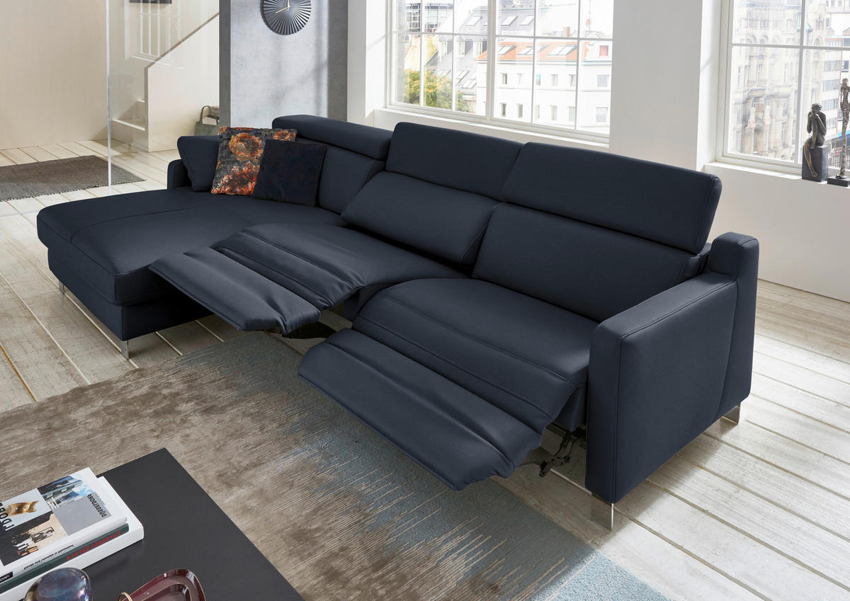 ECKSOFA in Echtleder Dunkelblau  - Chromfarben/Dunkelblau, Design, Leder/Metall (176/291cm) - Valdera