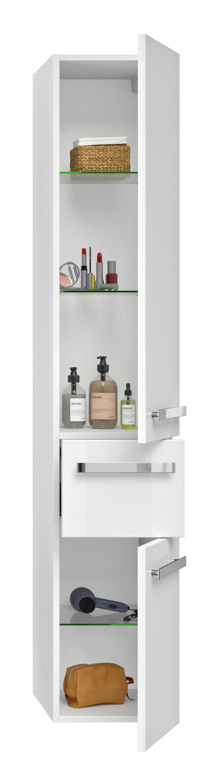 HOCHSCHRANK 30/168/33 cm  - Chromfarben/Weiß Hochglanz, KONVENTIONELL, Glas/Holzwerkstoff (30/168/33cm) - Sadena