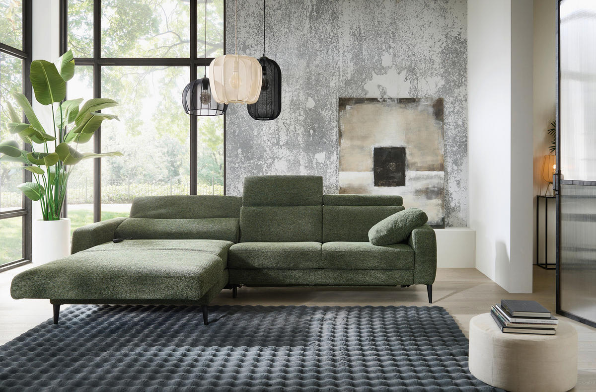 ECKSOFA Grün Chenille  - Schwarz/Grün, KONVENTIONELL, Textil/Metall (177/300cm) - Valdera