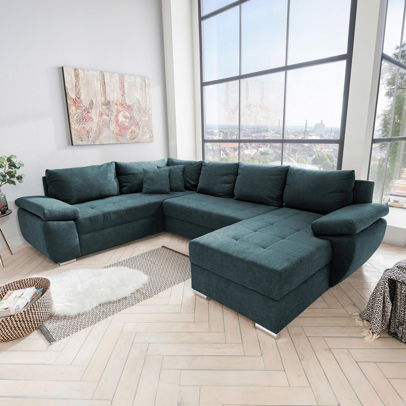 Wohnlandschaft Petrol Mikrofaser  - Chromfarben/Petrol, KONVENTIONELL (219/305/157cm) - Livetastic