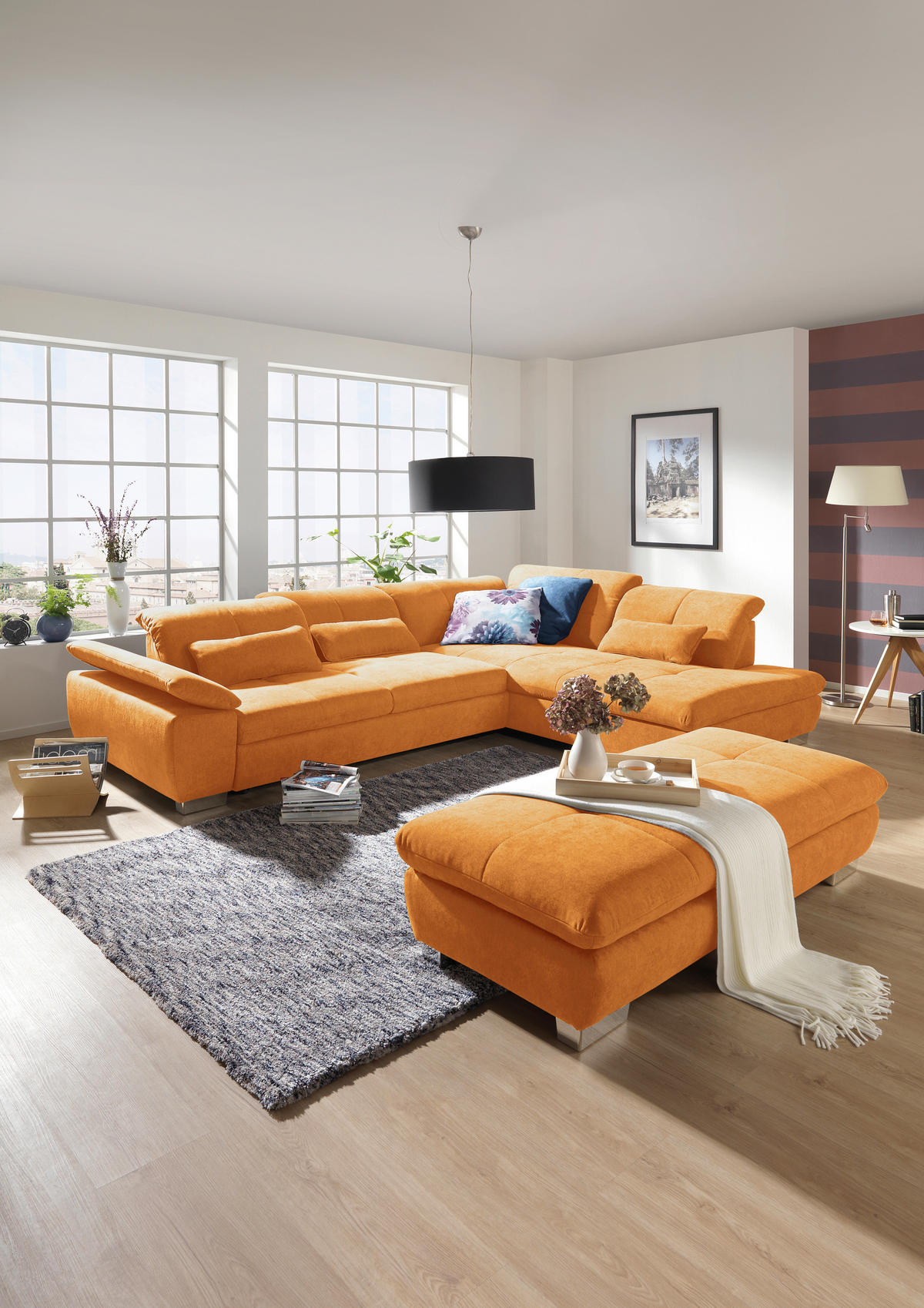 SEDEŽNA GARNITURA, gladka tkanina oranžna  - barve kroma/oranžna, Design, tekstil (242/313cm) - Xora