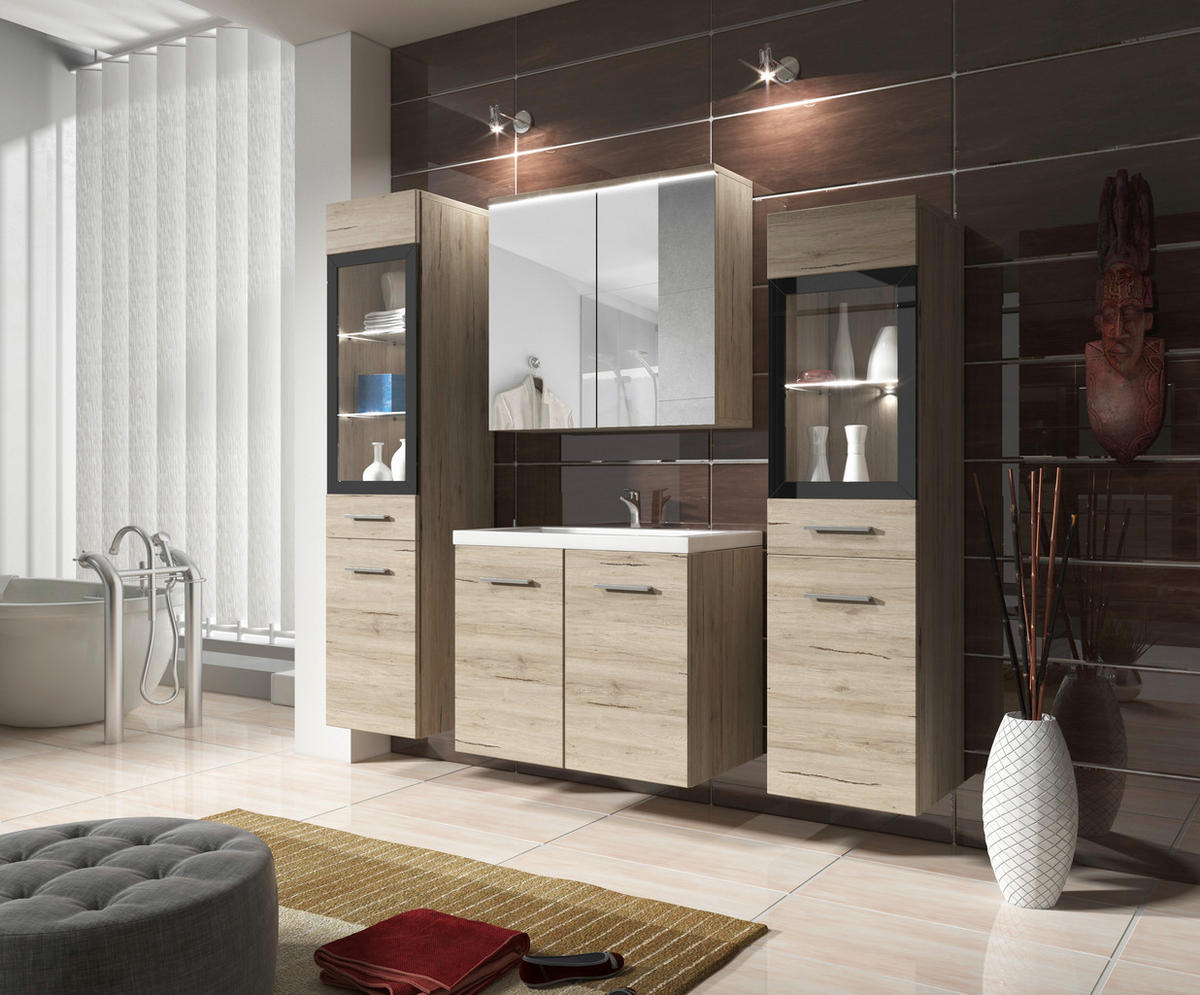 BADEZIMMER 5-teilig  in 120 cm  - Eiche San Remo/Weiß, Basics, Glas/Holzwerkstoff (120cm) - P & B