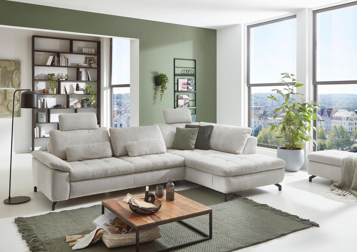 ECKSOFA in Cord, Velours Ecru  - Ecru/Schwarz, Design, Textil/Metall (291/197cm) - Beldomo Style