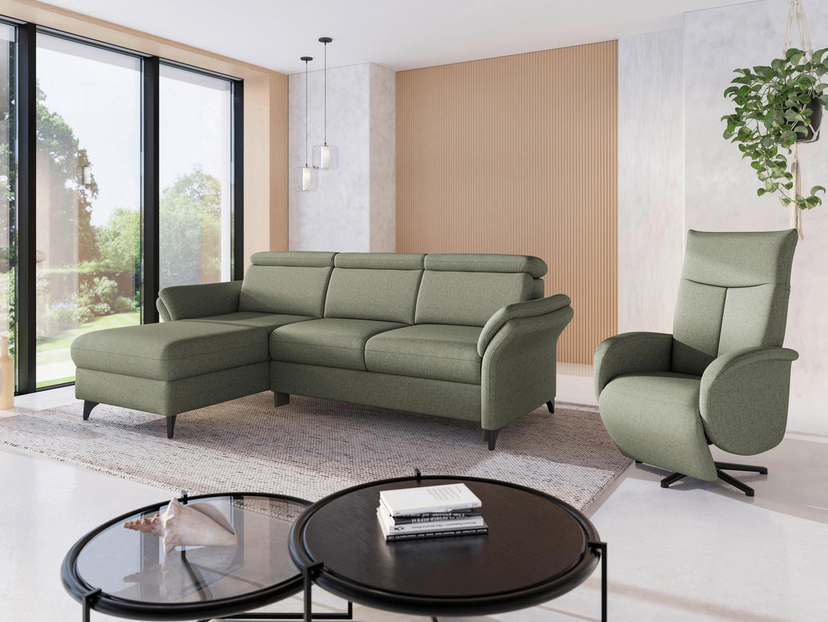 ECKSOFA GLENDALE E Olivgrün Flachgewebe  - Schwarz/Olivgrün, KONVENTIONELL, Textil/Metall (166/253cm) - Sit & More