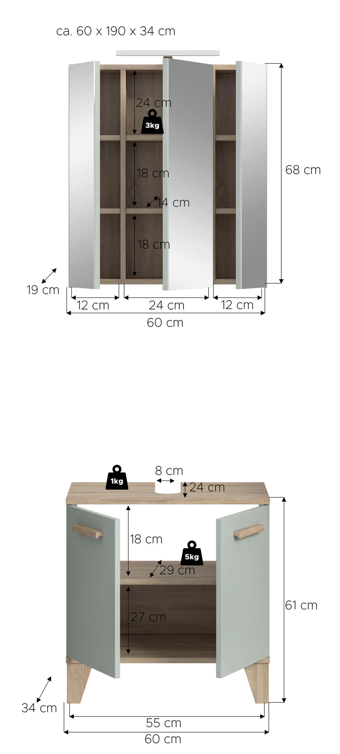 BADEZIMMER 3-teilig 60 cm  - Eiche San Remo/Graugrün, Modern, Holzwerkstoff/Kunststoff (60cm) - MID.YOU