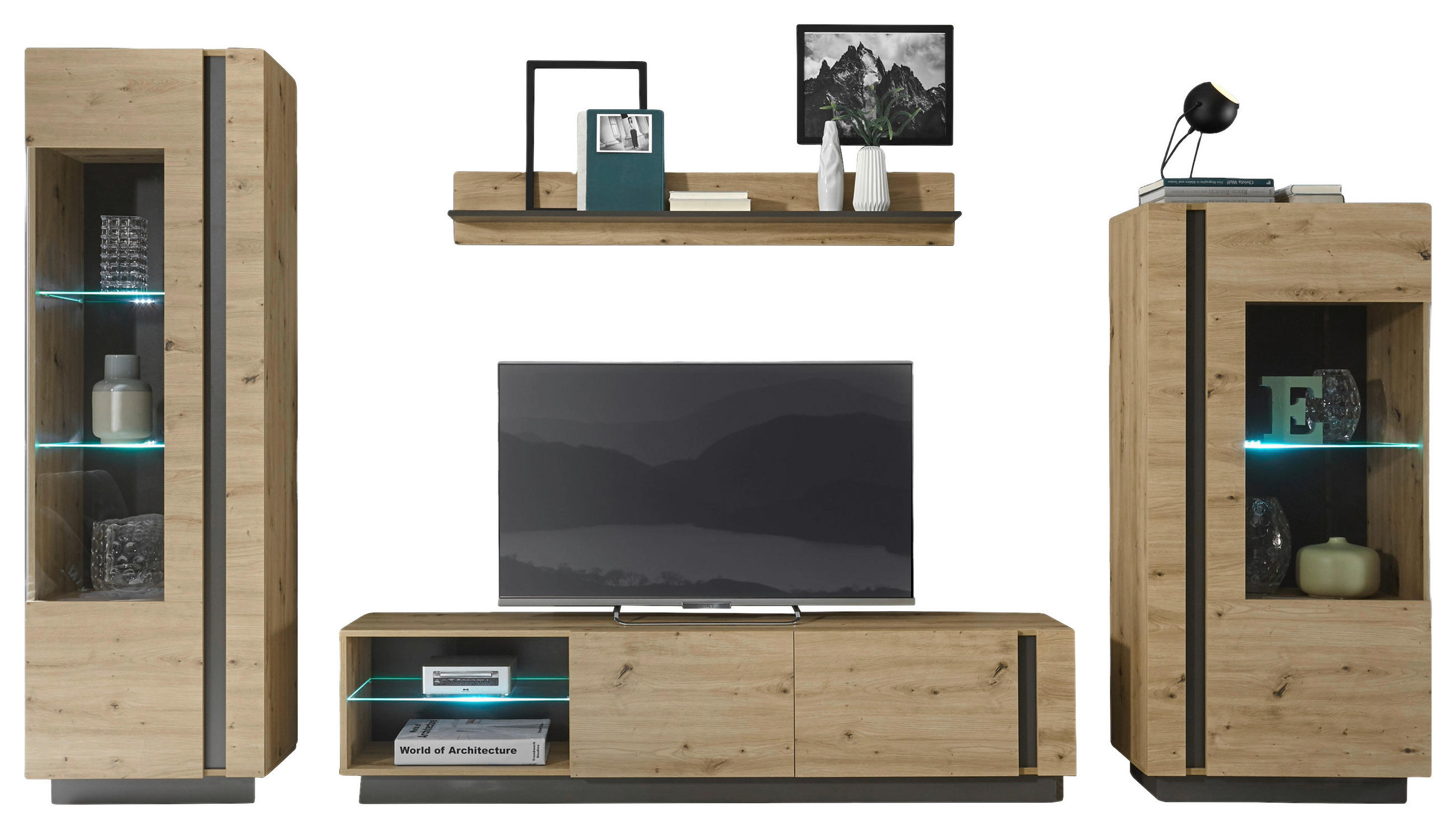 WOHNWAND 4-teilig  in Grau, Eiche Artisan  340/194/40 cm  - Eiche Artisan/Grau, Design, Glas/Holzwerkstoff (340/194/40cm) - MID.YOU