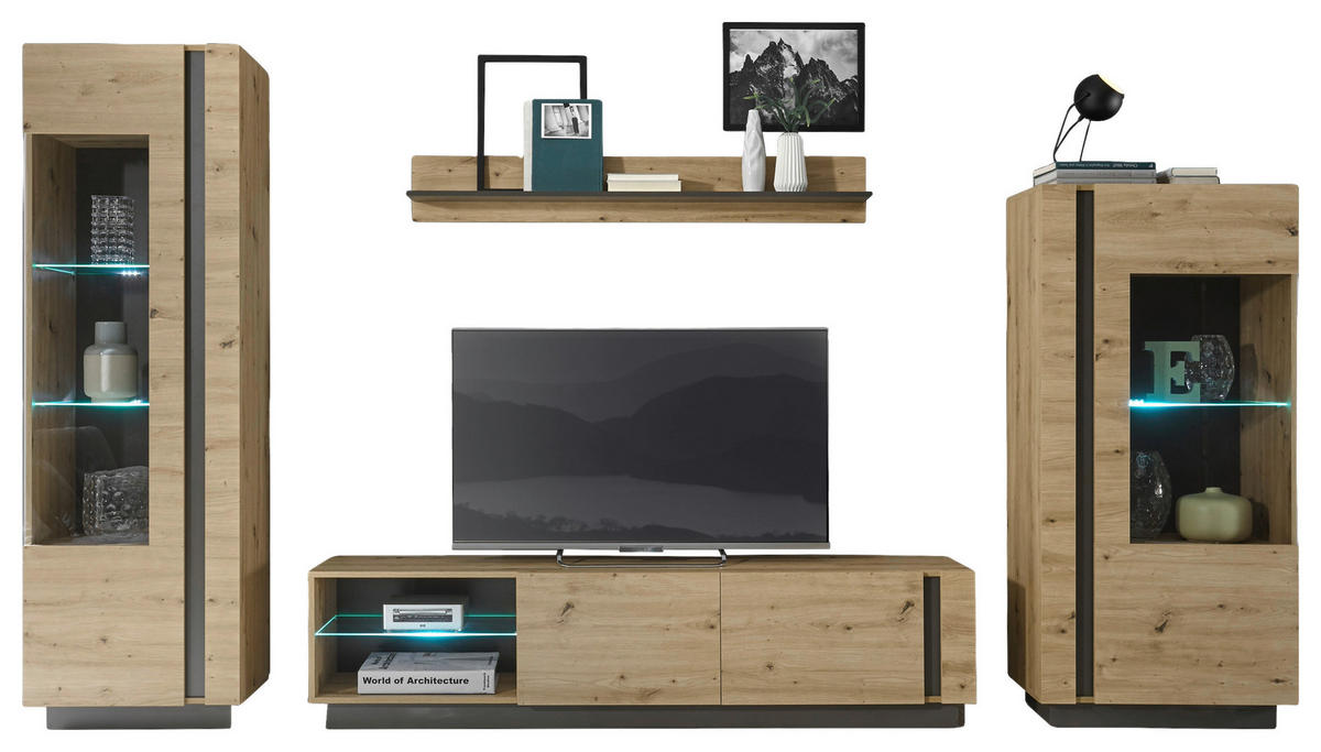 WOHNWAND 4-teilig  in Grau, Eiche Artisan  340/194/40 cm  - Eiche Artisan/Grau, Design, Glas/Holzwerkstoff (340/194/40cm) - MID.YOU