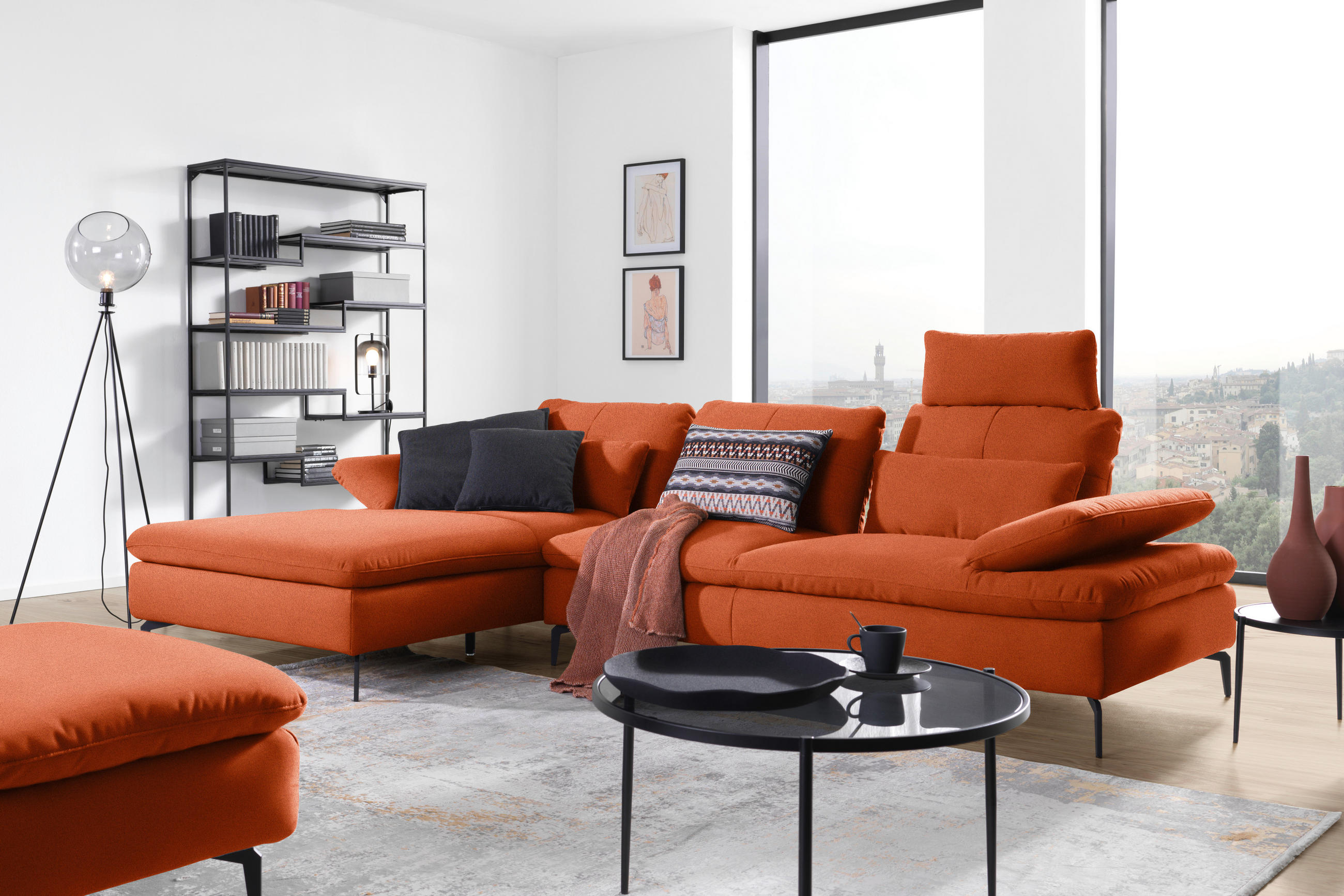 ECKSOFA in Webstoff Terracotta  - Terracotta/Schwarz, Design, Textil/Metall (179/301cm) - Chilliano